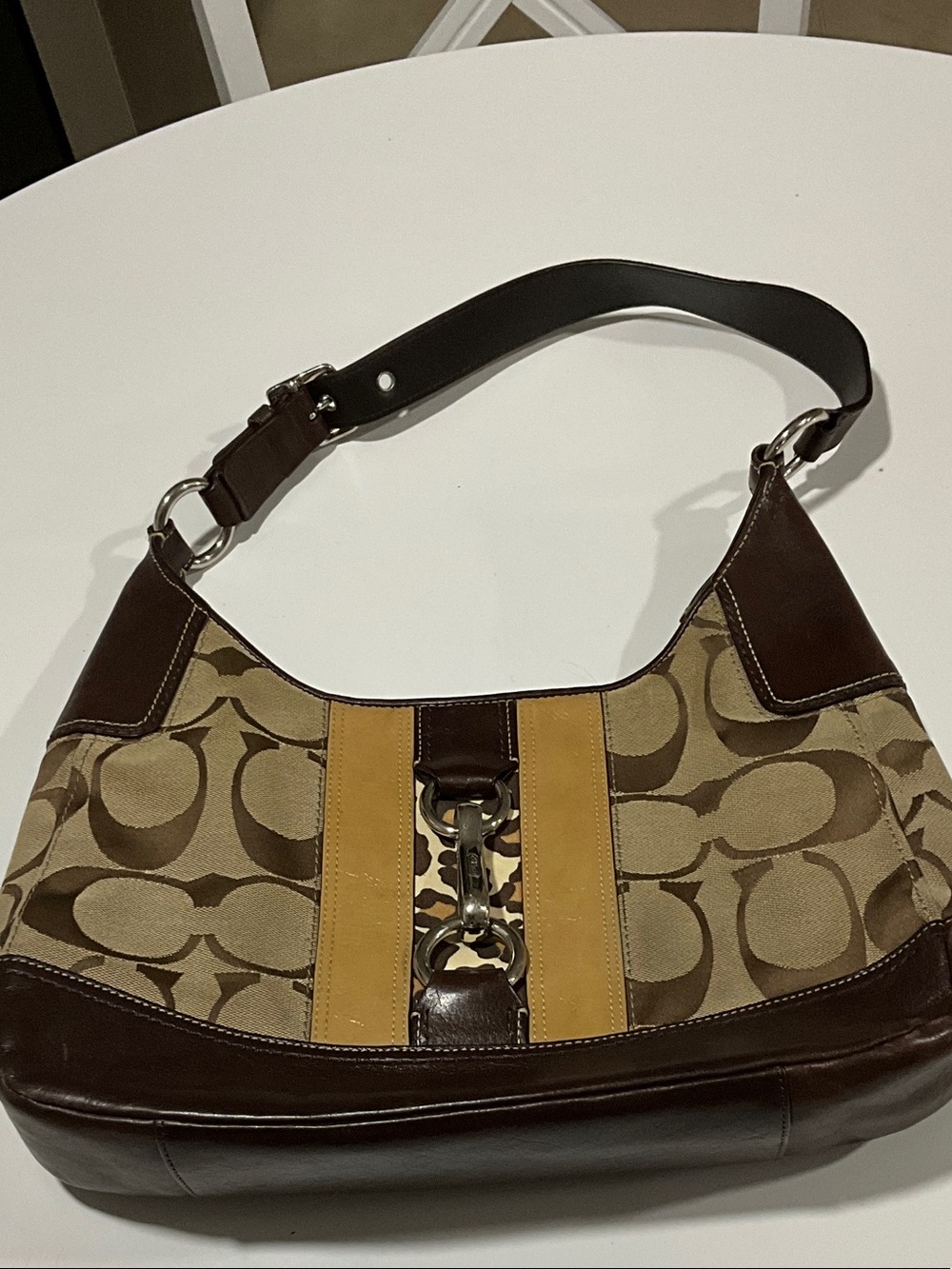Coach Brown and Tan Signature Canvas Shoulder Bag with Leather Trim